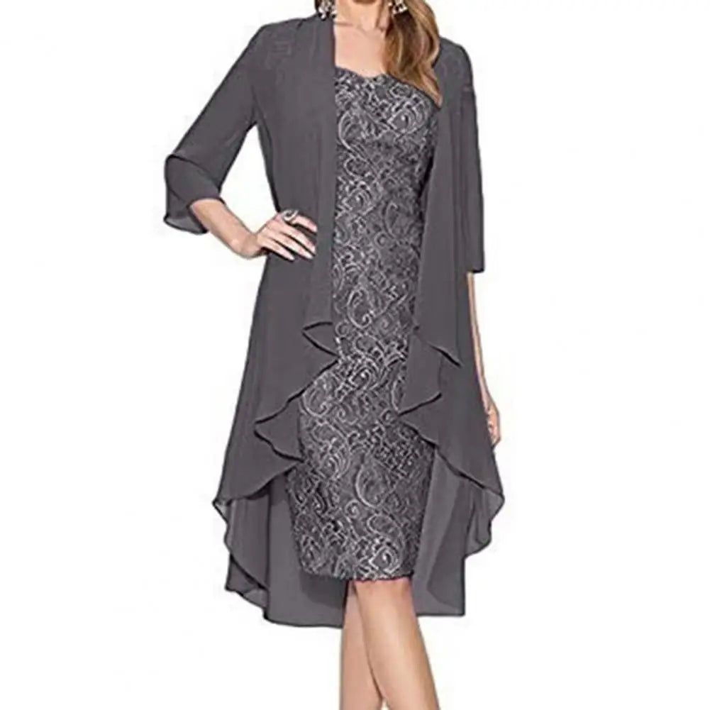 Maxy Formal Dress Set Women Outfit Elegant Flower Pattern Lace Vintage Two Pieces Set Women Knitted Cardigan Dress Banquet