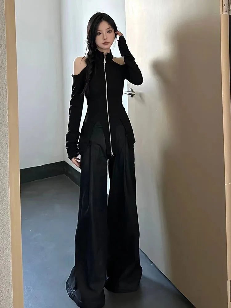 Amay New Stand Collar Zipper Tops Women Off Shoulder Long Sleeve T-shirts Y2k E-Girl Slim Fit Halter Knitted Tee Shirt Sweater