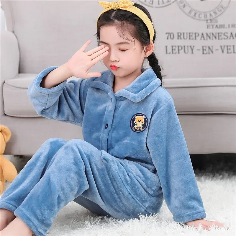 New Kids Max Pajama Sets Boys Girls Autumn Winter Thicken Warm Home Wear Cartoon Lapel Long Sleeve Sleeping Clothing Sets