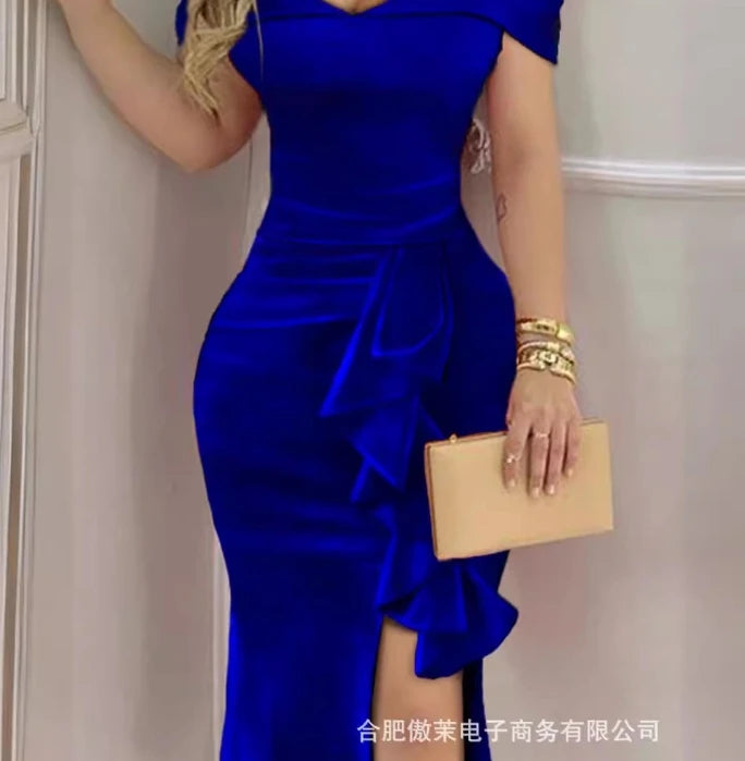 Amay Women's Elegant Velvet One Shoulder Split Party Dress Temperament Commuting New Fashion Female Short Sleeve Maxy Evening Dresses