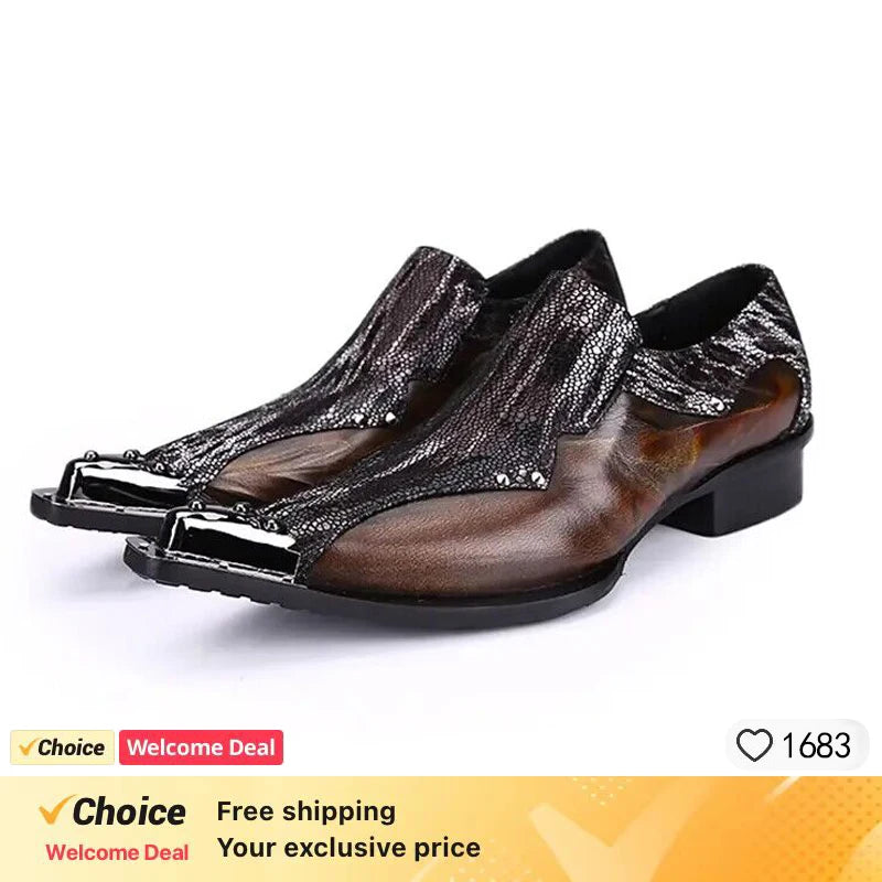 Amay Christia Bella Italian Style Metal Pointed Toe High Heels Men Business Formal Shoes Genuine Leather Men Party Dress Oxford Shoes