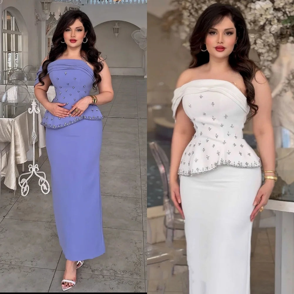 Maxy Customized Simple Retro Fashion Charmeuse Sequined Ruched Rhinestone Straight Strapless Midi Dresses Bespoke Occasion Dresses