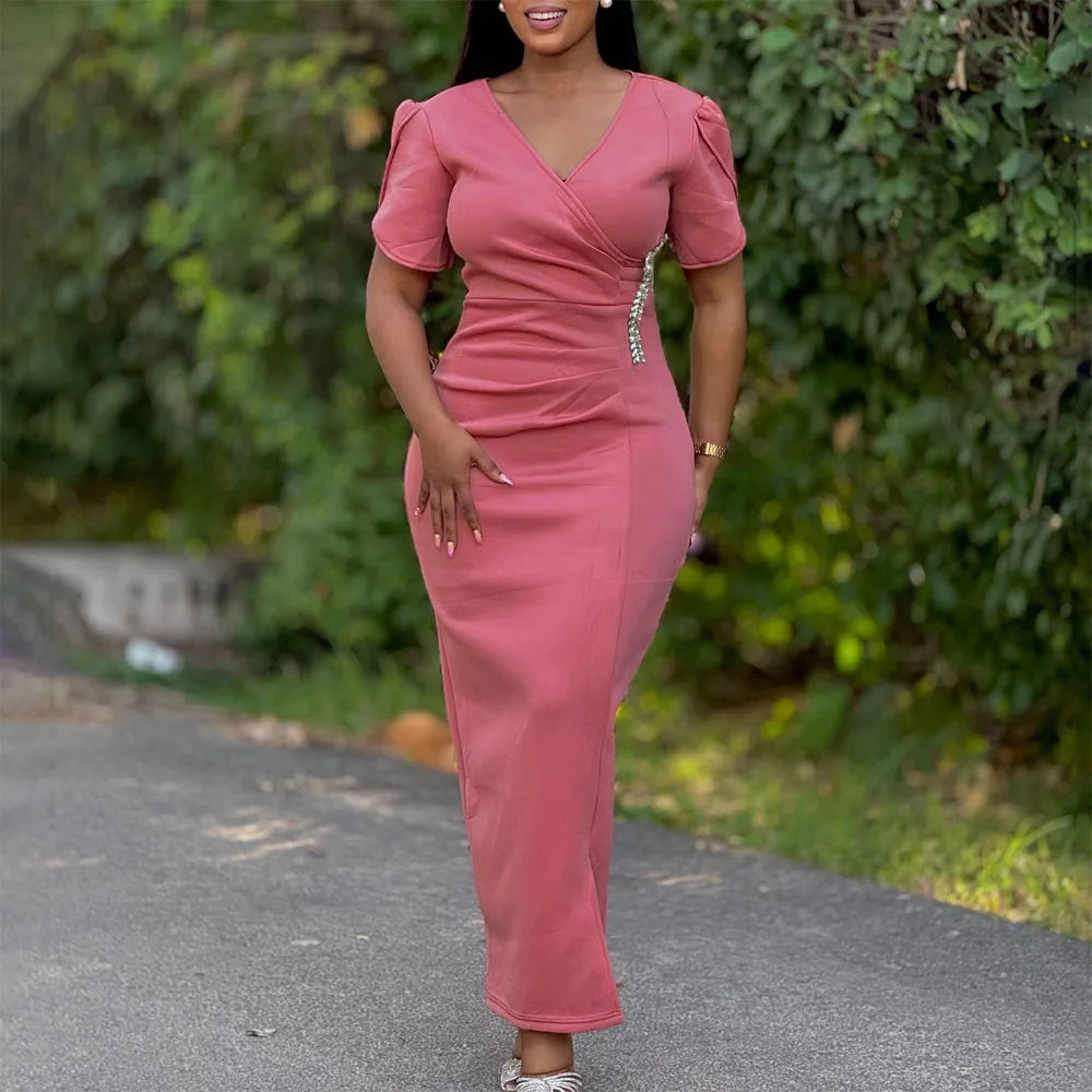 Maxy Elegant Dresses Woman Wedding Party Luxury Plus Size V Neck Short Sleeve Sheath Solid Ankle Length Fashion dress