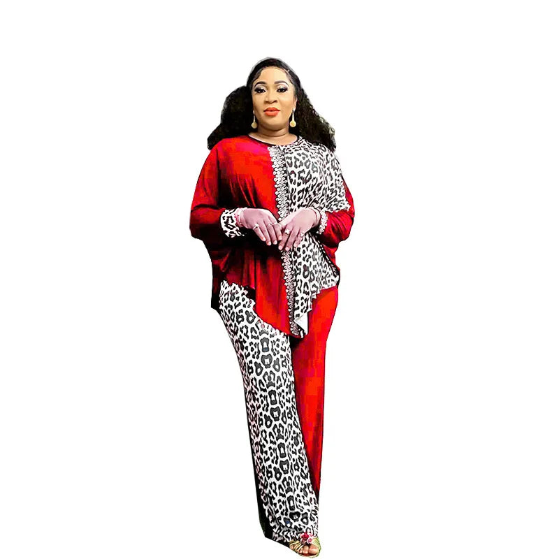 Maxy 2 Piece African Clothes for Women Autumn Elegant Long Sleeve O-neck Top Pant Plus Size Matching Sets African Clothing