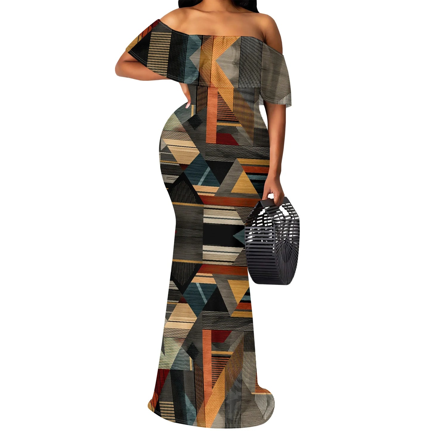 Maxy Sparkle Diamond Print Maxy Dress S-3XL Off Shoulder Bodycon Mermaid Style for New Year’s Eve, Holiday Dinner or Glam Party Look