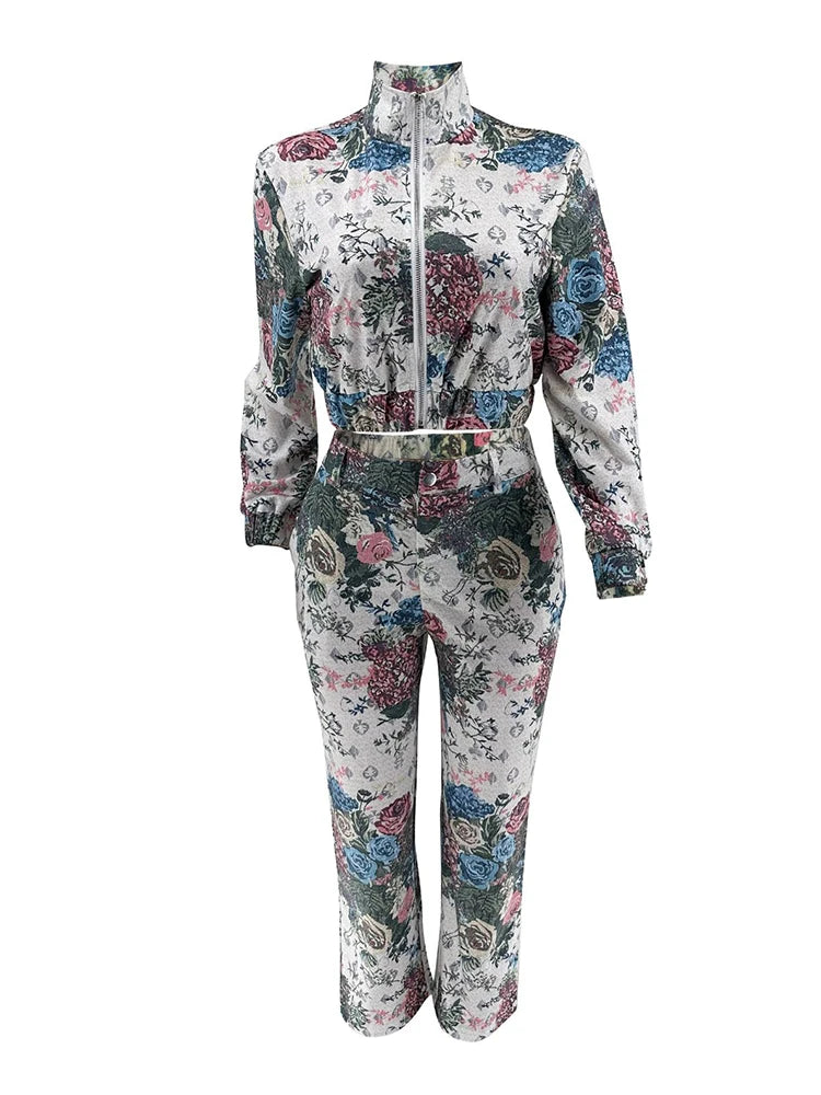 Maxy Street Tracksuit Two Piece Set Women Long Sleeves Zipper Jacket+High Waist Button Floral Print Wide Leg Cargo Pants Women Outfit