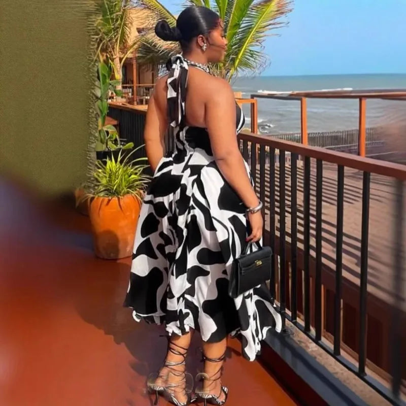 Maxy Women V-neck Sleeveless Halter Print Midi Dress Backless Elegant Birthday Beach Party Vestidos Big Swing Dresses