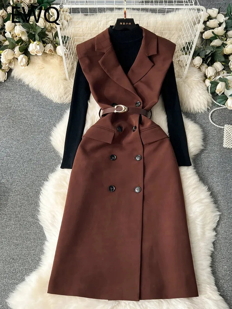 Maxy Office Lady 2 Piece Set Women Autumn Knitted Turtleneck Sweater + Belt Doublebreasted Long Dress Fashion 27X1638