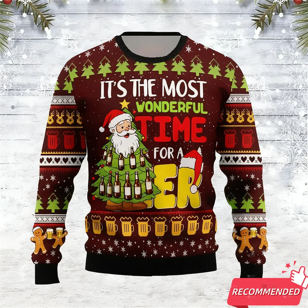 Maxy Fashion Beer Ugly Christmas Sweater For Women Funny Cartoon Santa Mens Ugly Sweater Xmas Holiday Crew Neck Men's Sweatshirt