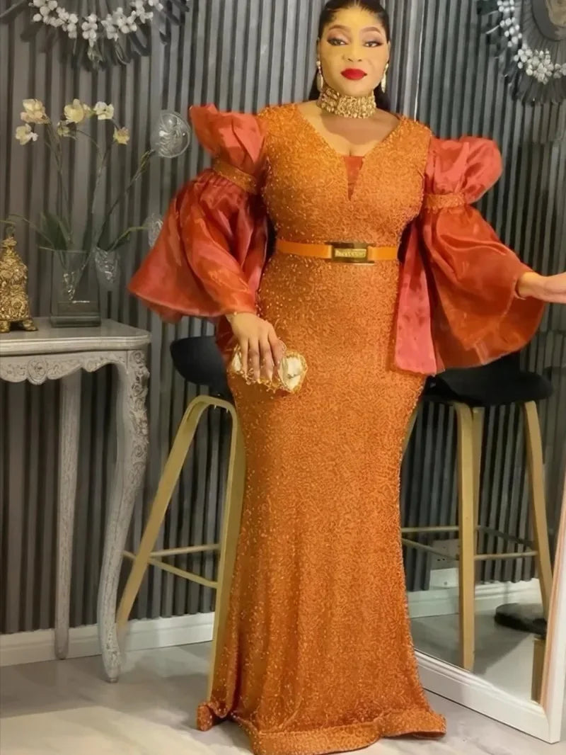 Maxy Plus Size Party Dresses for Women Dashiki Sequin Sexy Bodycon Long Dress Elegant Turkey Muslim Wedding Evening Gown