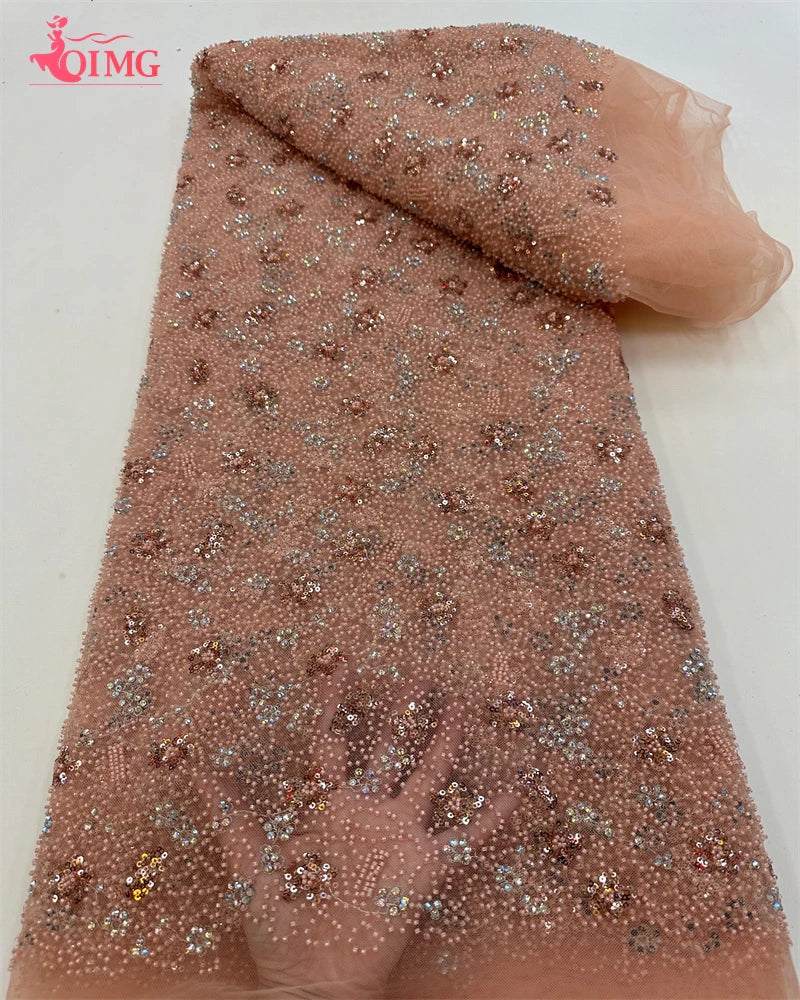 Maxy OIMG African Beaded Lace Fabric for Women, Mesh Lace, Embroidered French Sequins, Sewing Evening Dress, High Quality,