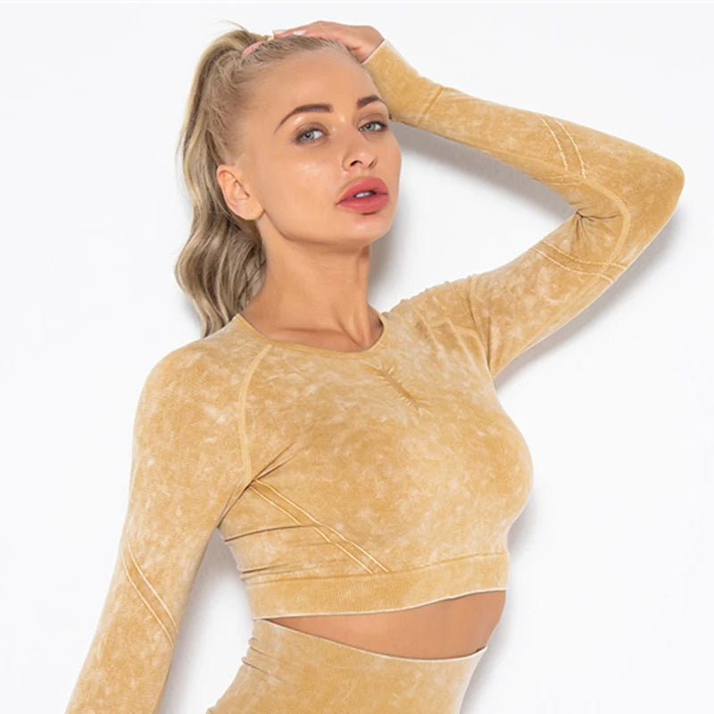 Seamless Sports Suits Women O-neck Crop Tops Long Sleeve Push Up Leggings Sets Gym Wear Summer Two Pieces Sets Tracksuit Feamle