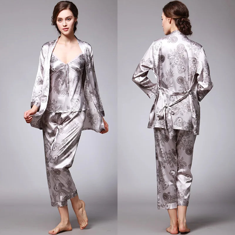 Amay Women's Silk Satin Pajamas Set 3 Pcs Floral Silky Pj Sets Sleepwear Cami Nightwear with Robe and Pant