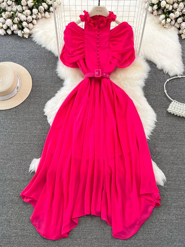 Amay Summer Women Red/Purple/Blue/Yellow Stand Collar Hollow Out Off Shoulder Chiffon Party Dress Vintage Short Sleeve Irregular Robe