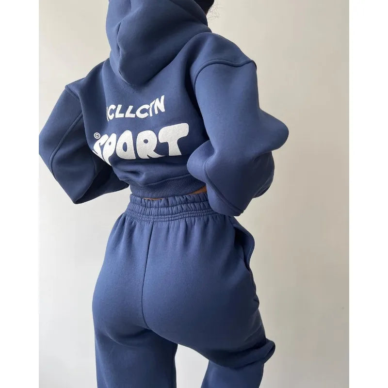 Maxy Women Long Sleeve Hooded Pullover Sweatshirt Elastic High Waist Pants Suit 2024 Autumn Winter New Letter Print Loose Sports Suit