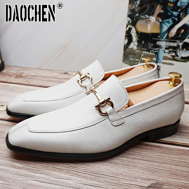 Maxy Luxury Men Leather Shoes Black White Horsebit Loafers Slip on Formal Men Dress Shoes Wedding Office Casual Shoes For Men