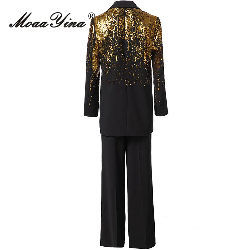 Maxy Autumn/Winter luxury Suit Women's Notched Long-sleeve Sequins Design Tops+Black Wide leg pants 2 piece set