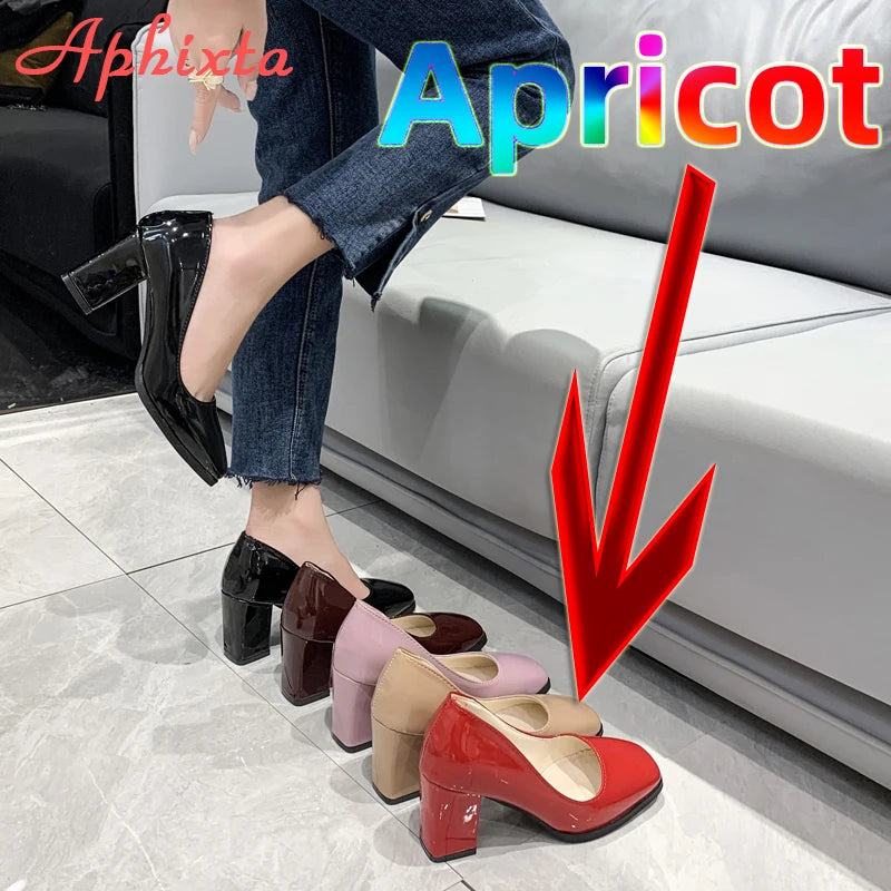Amay Apheta 7.5cm Square Tou Patent Leather Shoes Women Pumps Thick Heels Sapato Feminino Work Party Shoes Super Big Plus Size 50
