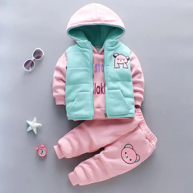 Maxy 2024 New Baby Boys Girls Christmas Cartoon Winter Hooded Plush Warm Vest Coat+Sweatshirt+Pants 3Pcs Infant Children Sports Suit