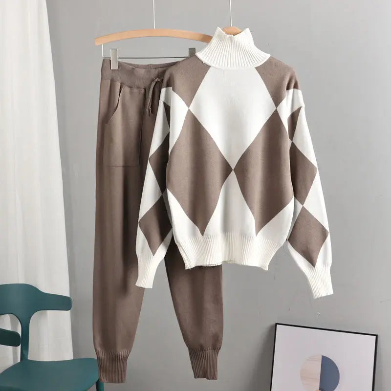Maxy Geometric Argyle Sweater Knit 2 Piece Sets Autumn Women Casual Loose Turtleneck Pullovers Top+Knit Harem Pants Suits Tracksuits