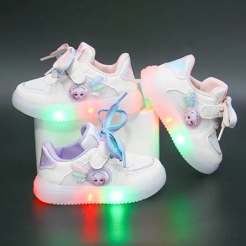 Maxy LED Kids Shoes for Girls Cute Cartoon Princess Elsa Baby Girl Kawaii Canvas Anime Shoes for Children Breathable Mesh Sneakers