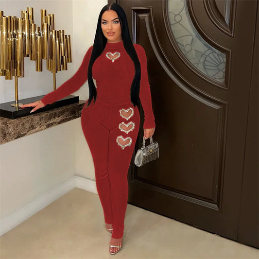 Amay Diamonds Loving Heart Hollow Out 2 Piece Sets Women Outfit Clubwear Knitted Fabric Skinny Top and Pants Suit Matching Sets