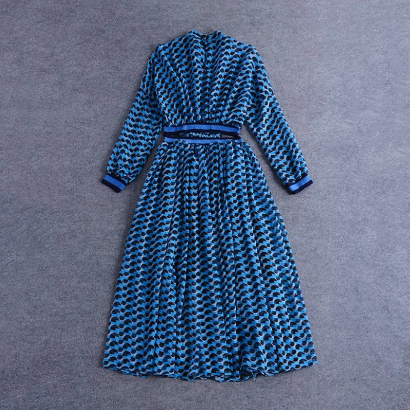 Maxy Print Dress For Women Stand Collar Long Sleeve High Waist Hit Color Hollow Out Midi Dresses Female Fashion Clothes