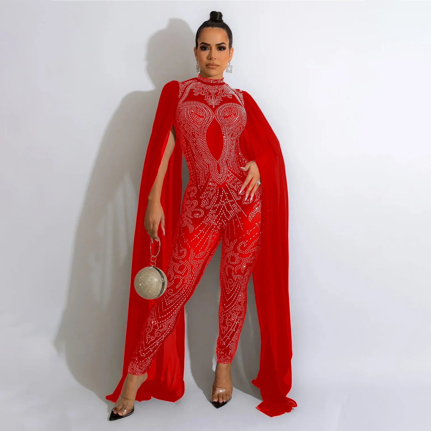 Shawl sleeve mesh crystal jumpsuit Women's jumpsuit Luxury transparent sequins Party jumpsuit Birthday set prom dresses