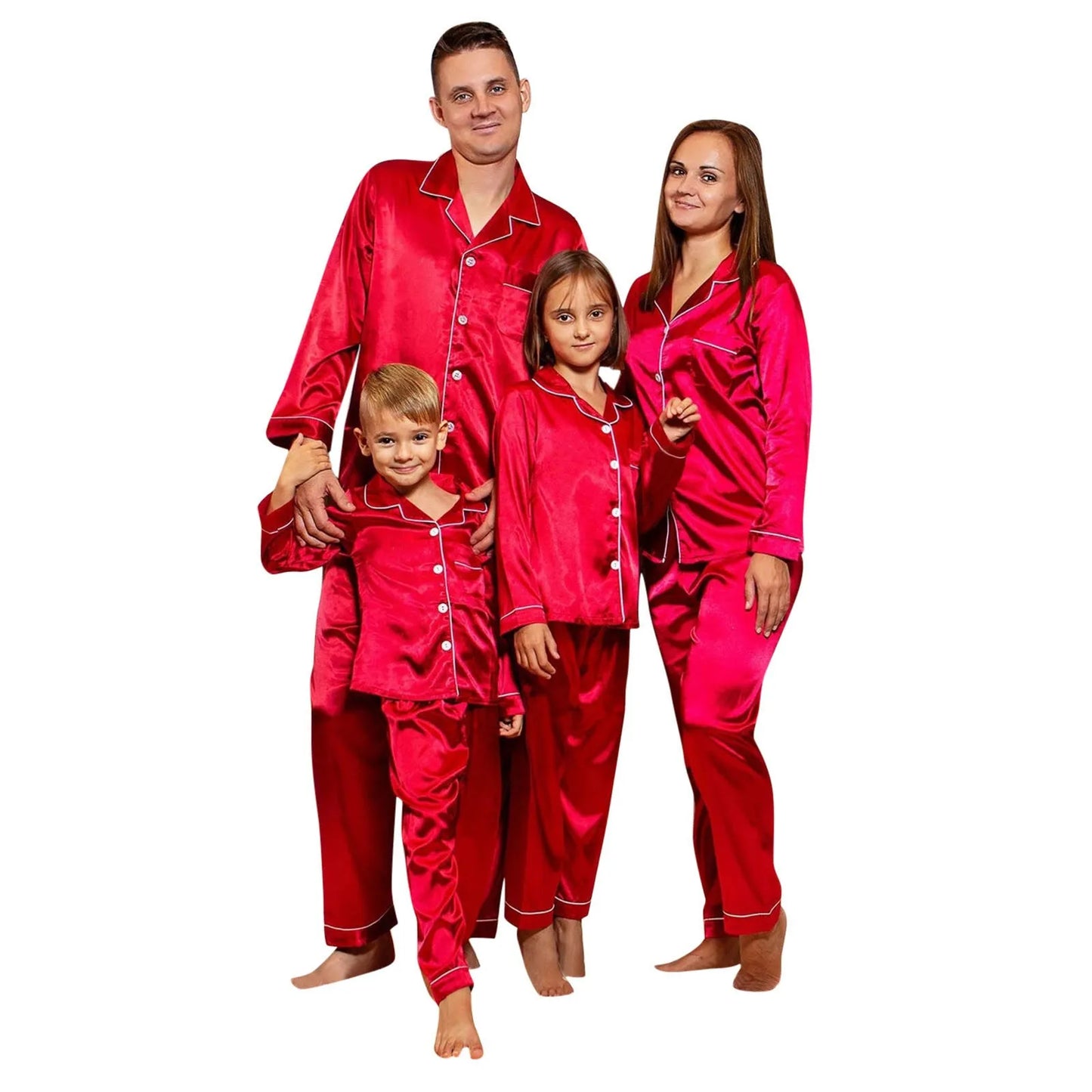 Solid Color Green Red Family Matching Pajamas Christmas Satin Monther Kids Sleepwear Outfits 2 Piece Suit 2023 New Year Pyjamas