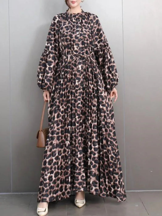 Babs Fashion Leopard Print Large Size Dress Women O Neck Loose Floor Length Long Style Casual Elegant Clothing New 5ZD1103