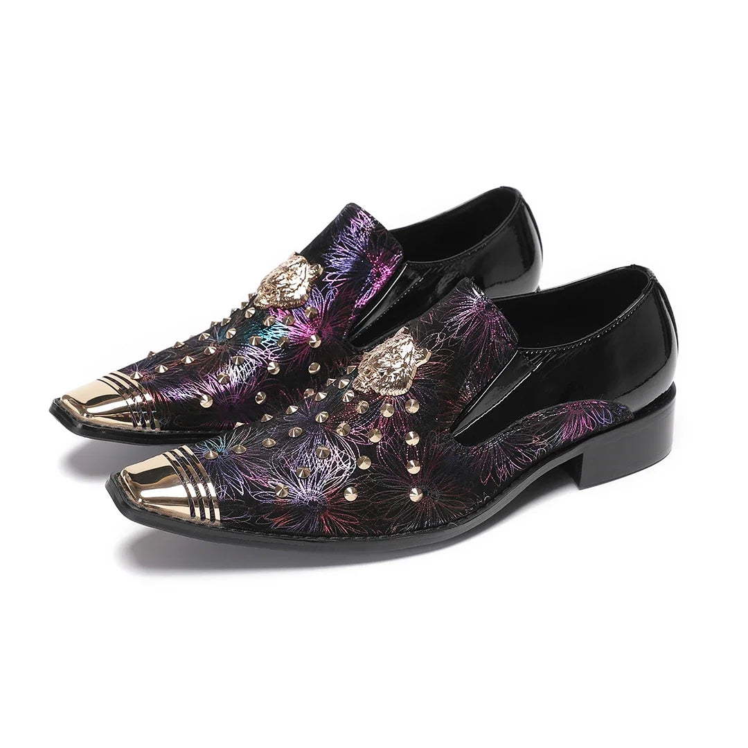 Maxy Fashion Rivet Prints Business Formal Shoes Luxury Design Metal Pointed Toe Genuine Leather Shoes Male Handmade Party Dress Shoes