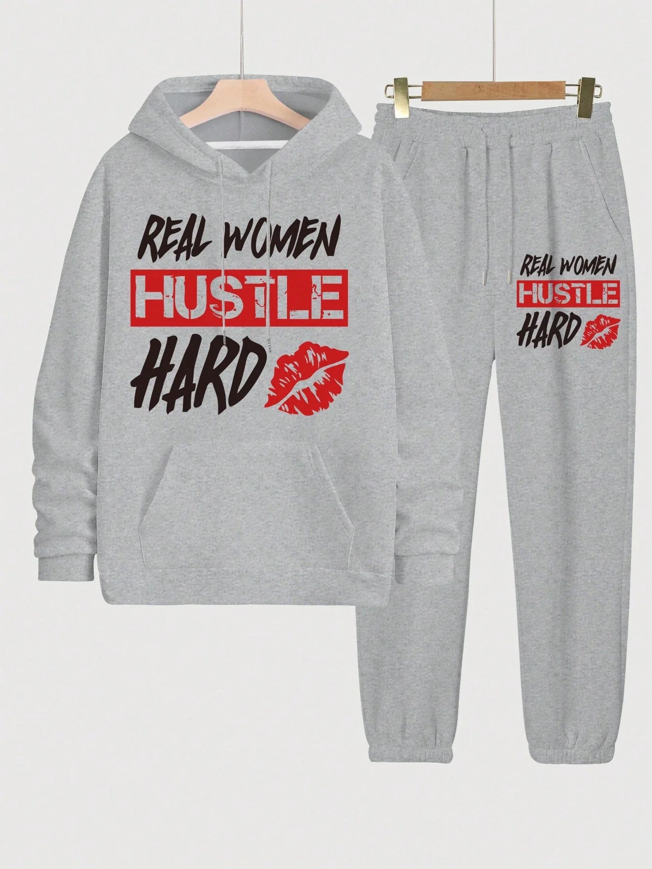 Maxy Real Women Hustle Hard Hoodie Sweatpants Set Gray Casual Sportswear