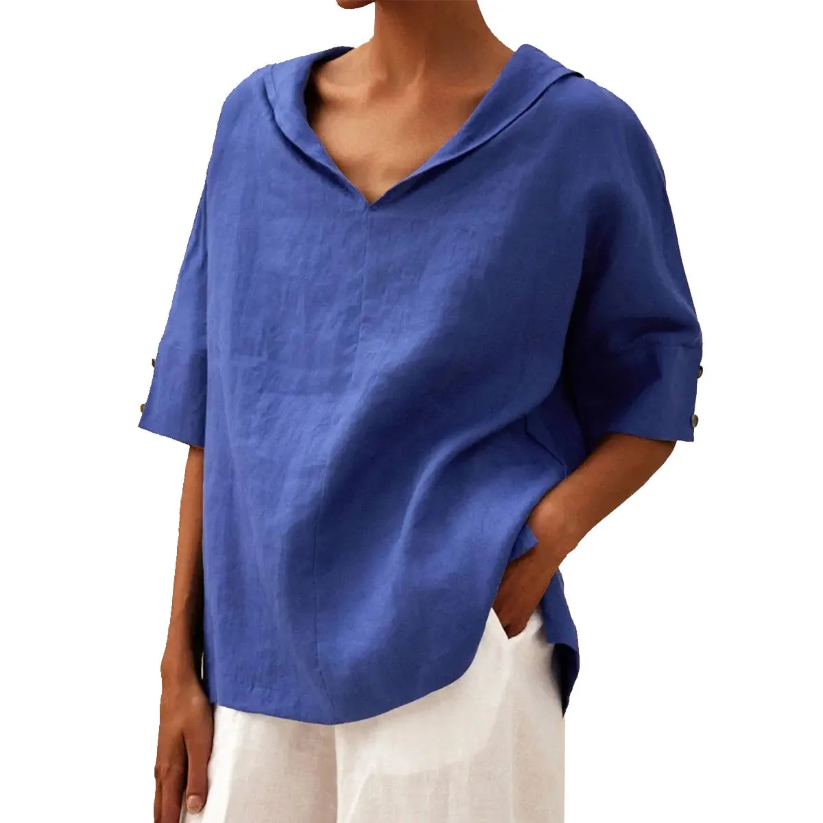 Maxy Women's Loose V-Neck Cotton Linen Shirt, Casual Elegant Summer Blouse Office Wear
