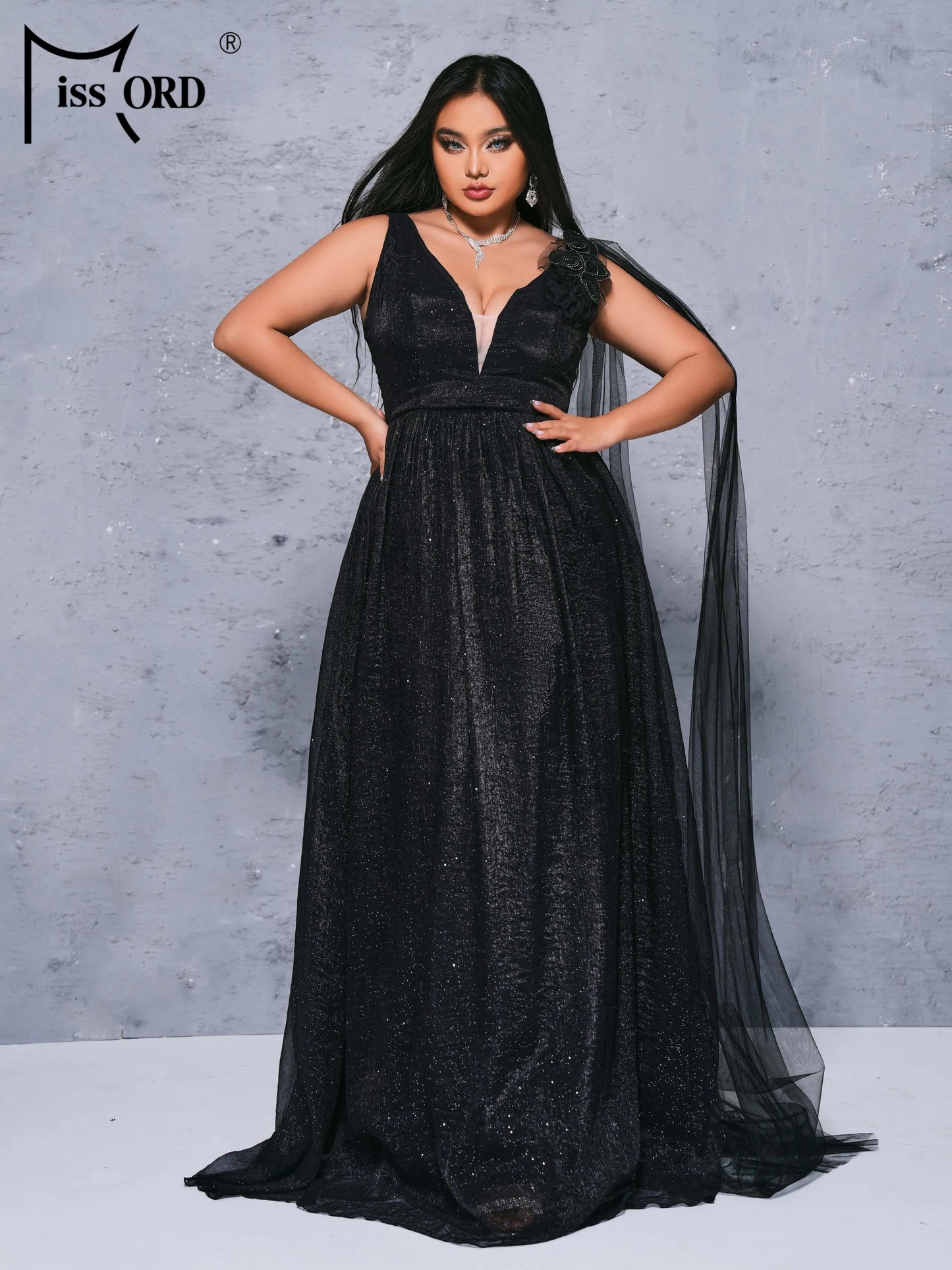 Visco New Black Plus Size Chic Elegant V Neck A Line Evening Gown Large Size Formal Occasion Tulle Dresses