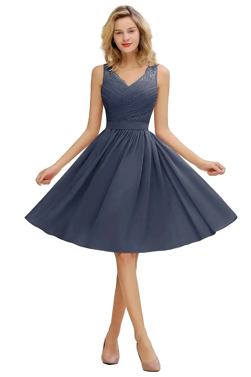 Maxy Hot Sale Chiffon Lace Bridesmaid Dresses Pleat V Neck Short Formal Wedding Evening Party Prom Gown For Bride Cocktail Vestidos