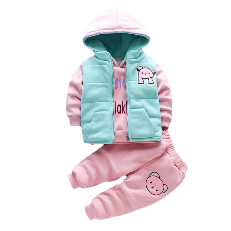 Maxy 2024 New Baby Boys Girls Christmas Cartoon Winter Hooded Plush Warm Vest Coat+Sweatshirt+Pants 3Pcs Infant Children Sports Suit