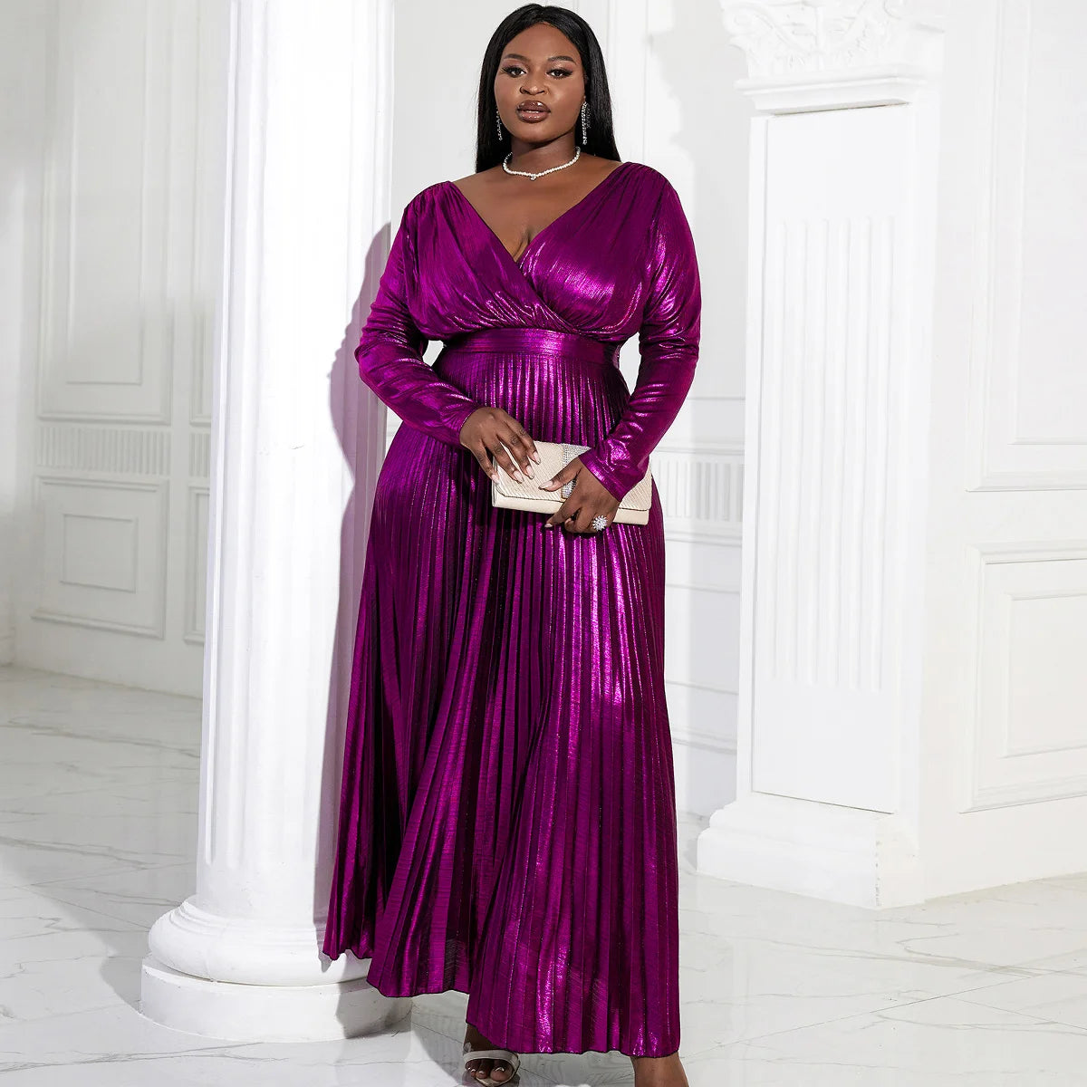 Plus Size Shiny Party Dress Purple Elegant Long Sleeve Evening Gold Pleated High Waist Long Sleeves Fit Flare Prom Robe 2024