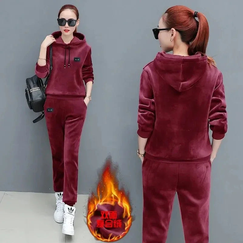 Velvet Hoodded Tops Sweatpants Tracksuit Winter Thicken 2 Piece Set Ankle Length High Waist Harem Pant Suit Jogger Woman Outfit