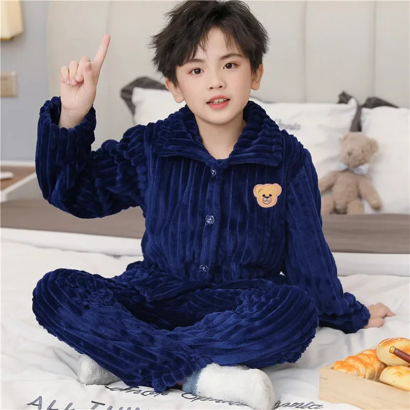 New Kids Max Pajama Sets Boys Girls Autumn Winter Thicken Warm Home Wear Cartoon Lapel Long Sleeve Sleeping Clothing Sets
