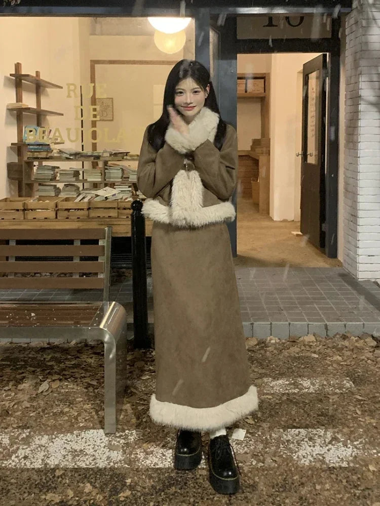 Autumn Retro Faux Fur 2 Piece Skirt Set Women Casual Y2k Vintage Blazers Jacket Coats + Skirts Japanese Kawaii Suit Chic Outfits