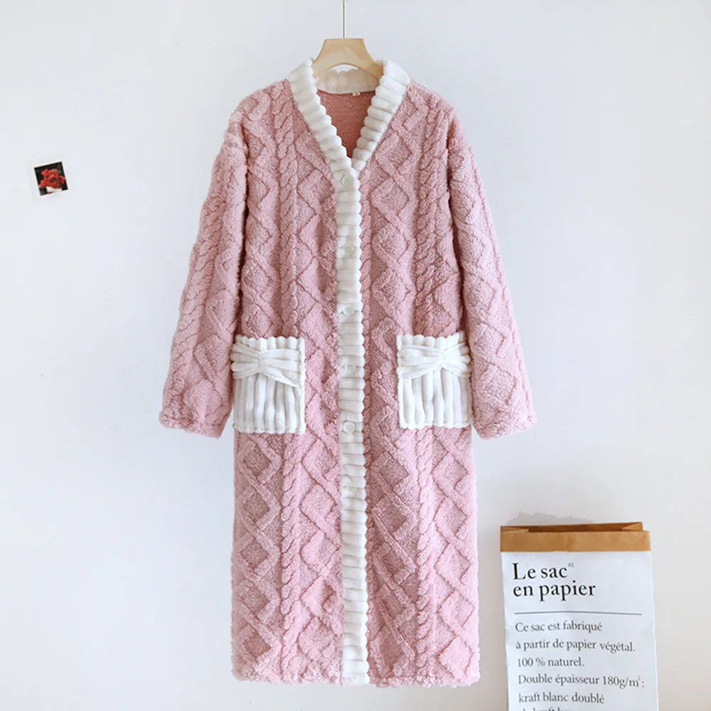 Maxy Flannel Thickening Women's Warm Robe Sleeping Sleepwear Winter Night Clothes Ladies Cardigan Night Gown Bathrobe Woman