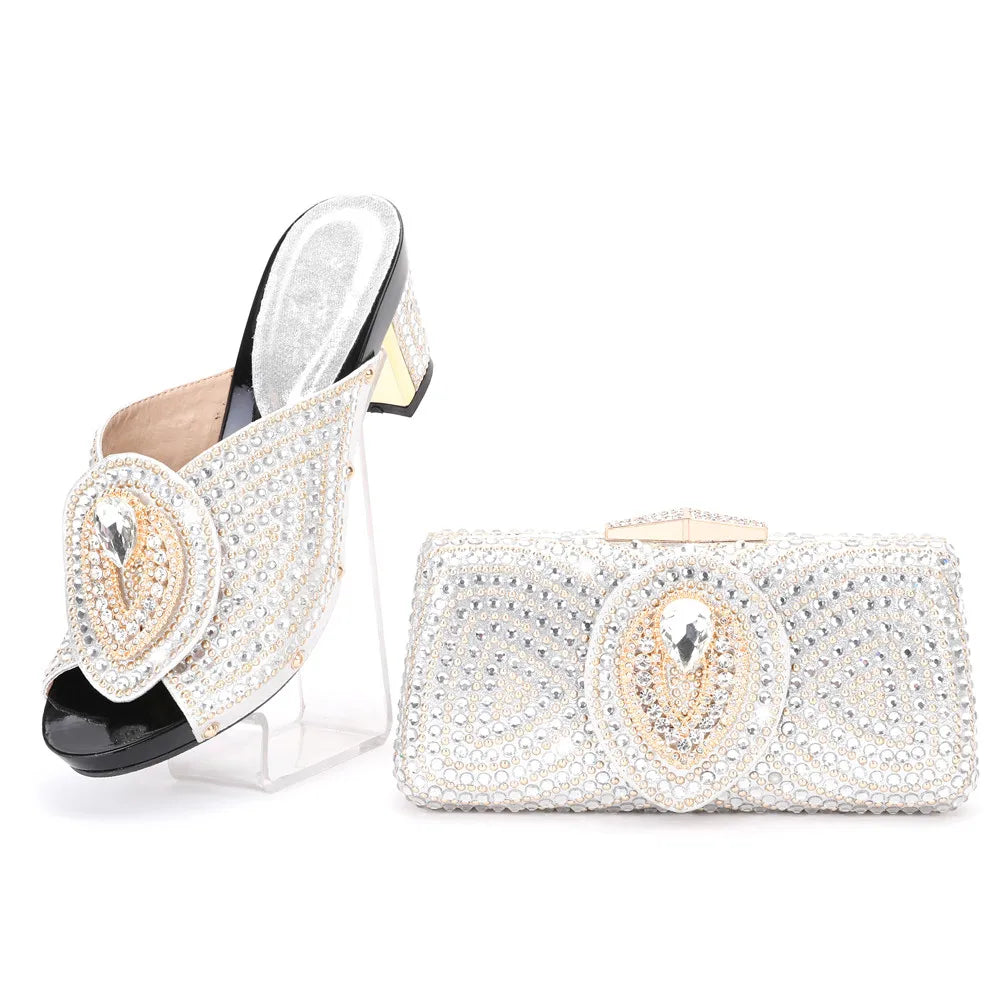 Maxy Style Woman Blue Color Rhinestone Shoes And Bag Set for Party African Fashion High Heels Woman Shoes and Bag Set