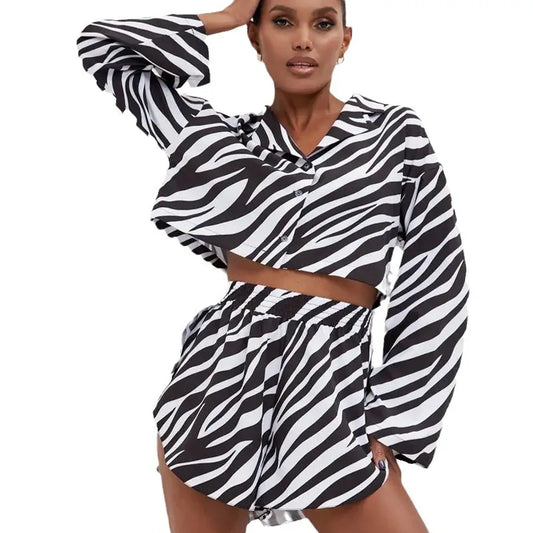 Maxy Fashion Striped Short Long-sleeved Shirts and Shorts Two Piece Sets Womens Outifits