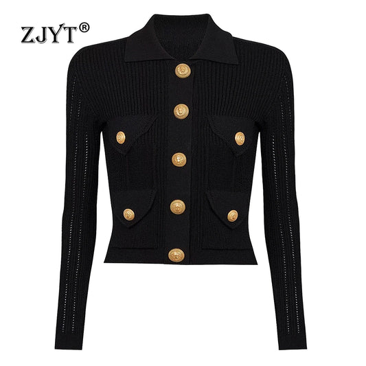 ZJYT 2025 Spring Metal Buttons Cardigan Coat Sweaters for Women Turn Down Neck Knitted Tops White Black Jersey Mujer Fashion New