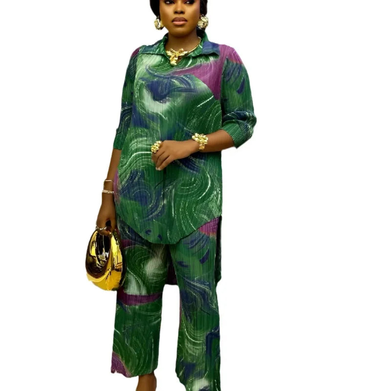 Babs Dress Pleated Lapel Contrast Printing Long Sleeve Straight Pants Temperament Plus Size Womens Pants Suit