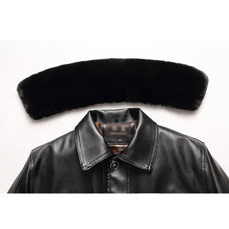 Maxy Idopy Men`s Winter Faux Leather Jacket Fleece Lined Plus Size M-4XL Warm Thicken Long Casual PU Jacket and Coat Fur Collar