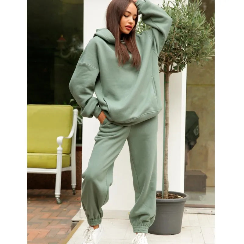 Maxy 2 Piece Sets Women Outfits Solid Color Simple Style Commuting Tracksuit Autumn Winter Warm Hoodies Top Suits Casual Sweatshirts