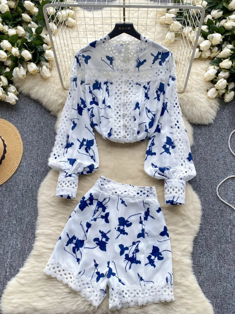 Maxy Spring Summer Vintage Two Piece Sets Women Hollow Lace Splicing Stand Collar Pearl Single Breasted Print Shirt+ Shorts Suits