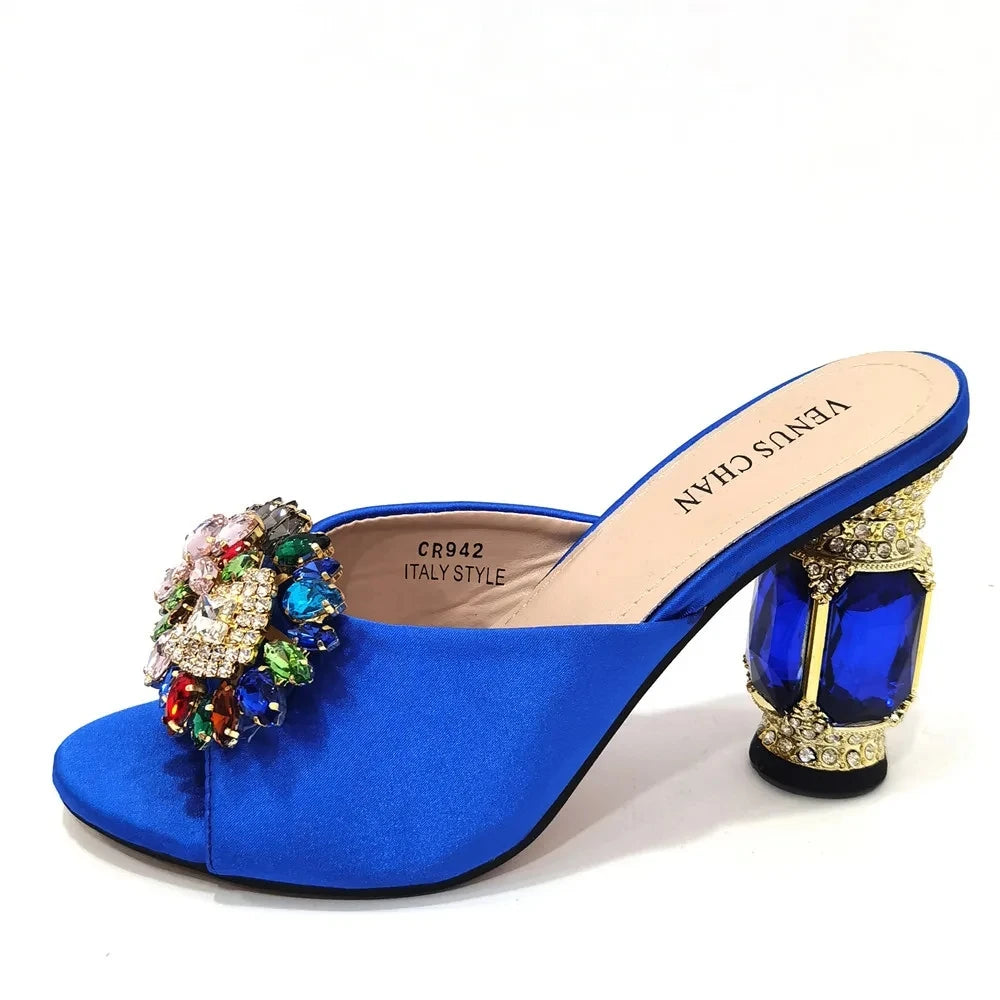 Maxy Latest Summer Women's Shoes High-Heels Sandals Italian Design Rhinestone Blue Color Shoe and Bag set for Party in Ladies