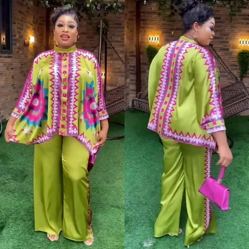 Maxy 2 Pieces Sets Matching African Silk Clothes for Women 2024 Top and Pants Suits Elegant Lady Party Wear Plus Size